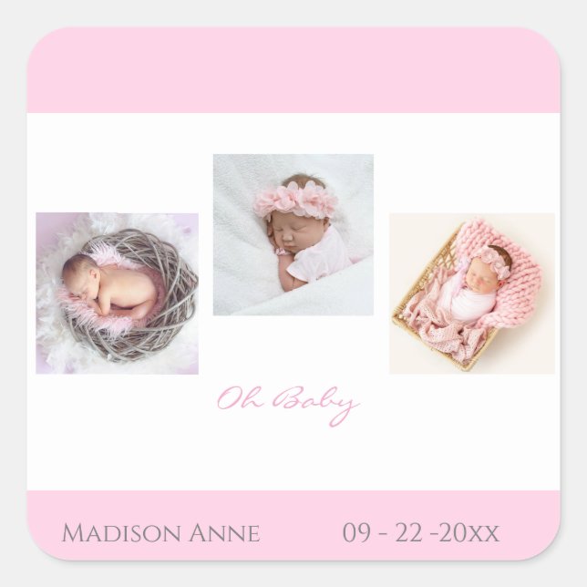 Baby Newborn Photo Pink Baby Girl Cute Birth Square Sticker (Front)