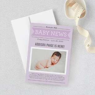 Baby News Newspaper Lavender Baby Girl Photo Birth Announcement