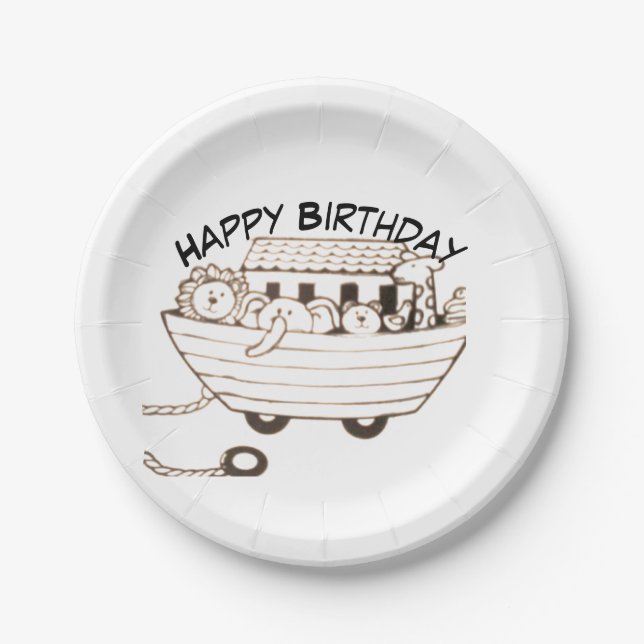 Baby Noah Ark with curved Happy Birthday design Paper Plate (Front)