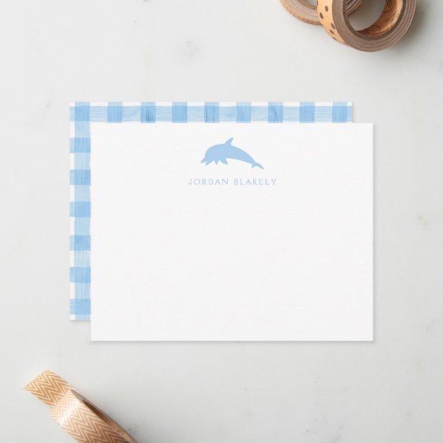 Baby Note Card, Light Blue Dolphin Gingham Flat Card (Front/Back In Situ)