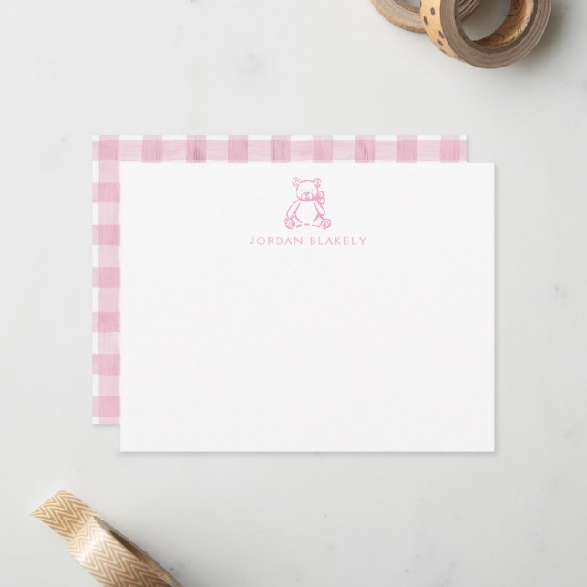Baby Note Card, Light Pink Teddy Bear Gingham Flat Card (Front/Back In Situ)