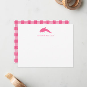 Baby Note Card, Pink Dolphin Gingham Flat Card