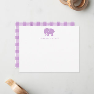 Baby Note Card, Purple Elephant Gingham Flat Card