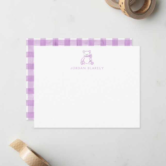 Baby Note Card, Purple Teddy Bear Gingham Flat Card (Front/Back In Situ)