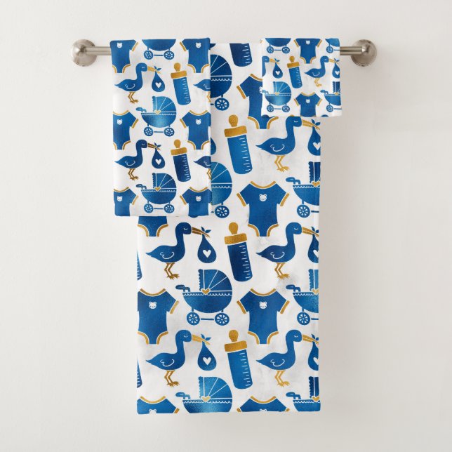 Baby Nursery Blue Bottle Carriage Stork Pattern Bath Towel Set (Insitu)
