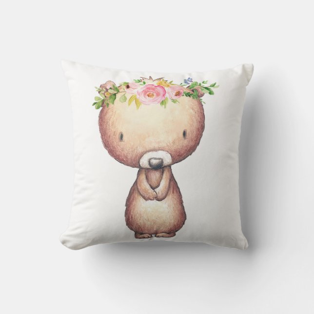 Baby Nursery Boho Woodland Bear Floral Girl Pillow (Front)