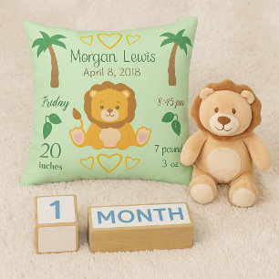 Baby Nursery Lion Safari Birth Stats Cushion