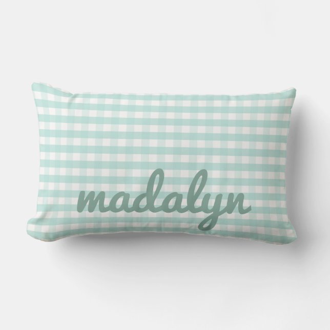Baby Nursery Pastel Mint Green Gingham  Lumbar Cushion (Front)