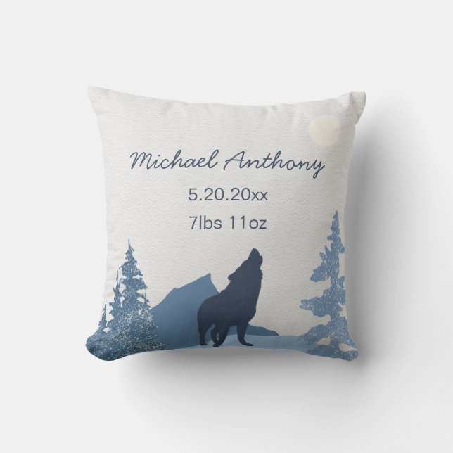 Baby Nursery Pillow Birth Stats Wolf Mountain (Front)