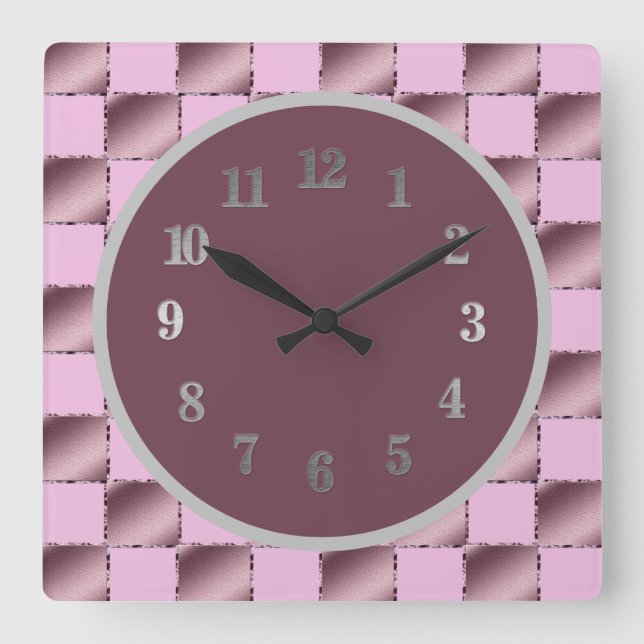 Baby Nursery Silk Pink Purple Square Pattern Quilt Wall Clock (Front)