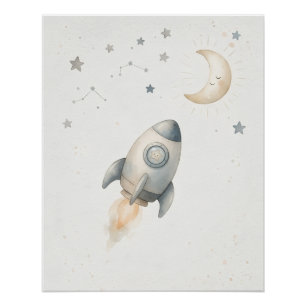 Baby Nursery Wall Art – Watercolor Rocket Poster