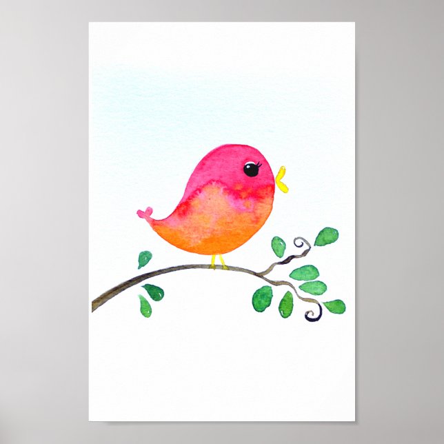 Baby Nursery wallart_  Watercolor Pink Bird Poster (Front)