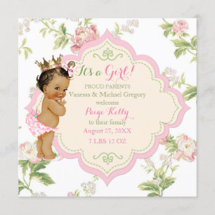 Baby of Colour Girl Pink Green Roses Flowers Flora Announcement