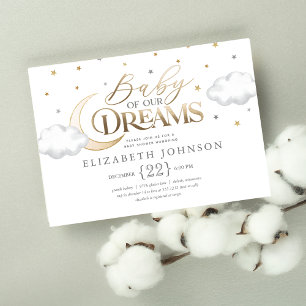 Baby of our Dreams Moon and Stars Grey Baby Shower Invitation