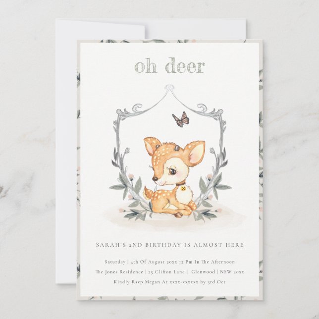 Baby Oh Deer Floral Crest Any Age Birthday Invite (Front)