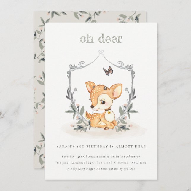 Baby Oh Deer Floral Crest Any Age Birthday Invite (Front/Back)