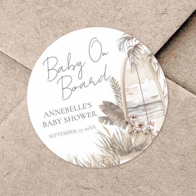 Baby On Board Beach Baby Shower Classic Round Sticker (Baby On Board Beach Baby Shower Classic Round Sticker)