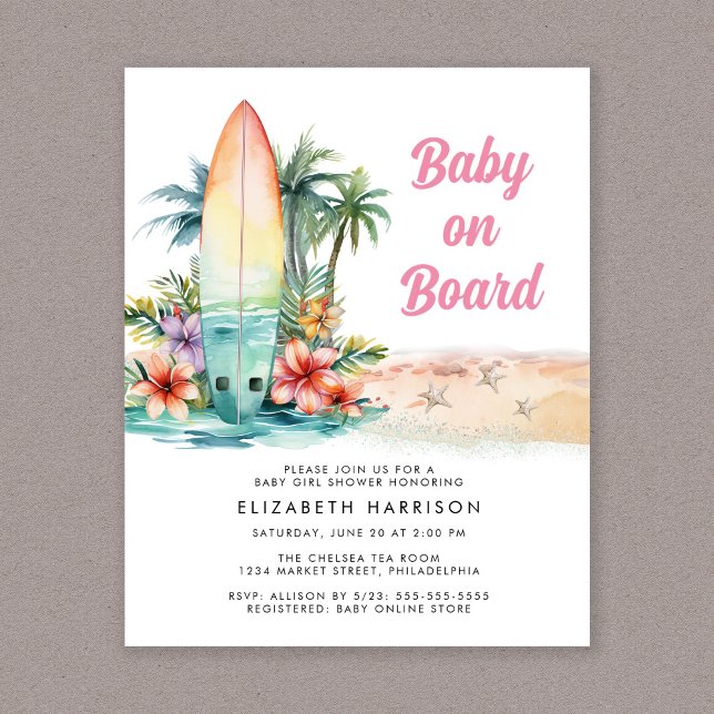Baby On Board Beach Surf Baby Girl Shower Invite (Creator Uploaded)