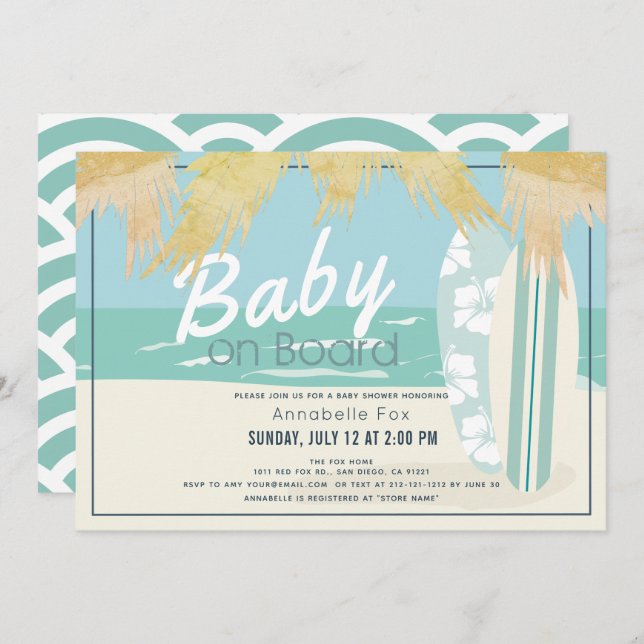 Baby on Board Beach Surf Boy Baby Shower Invitation (Front/Back)