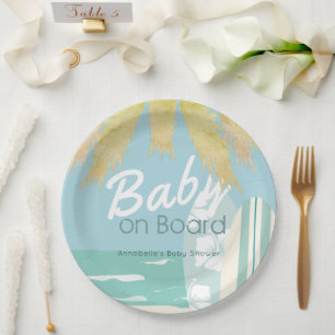 Baby on Board Beach Surf Boy Baby Shower Paper Plate