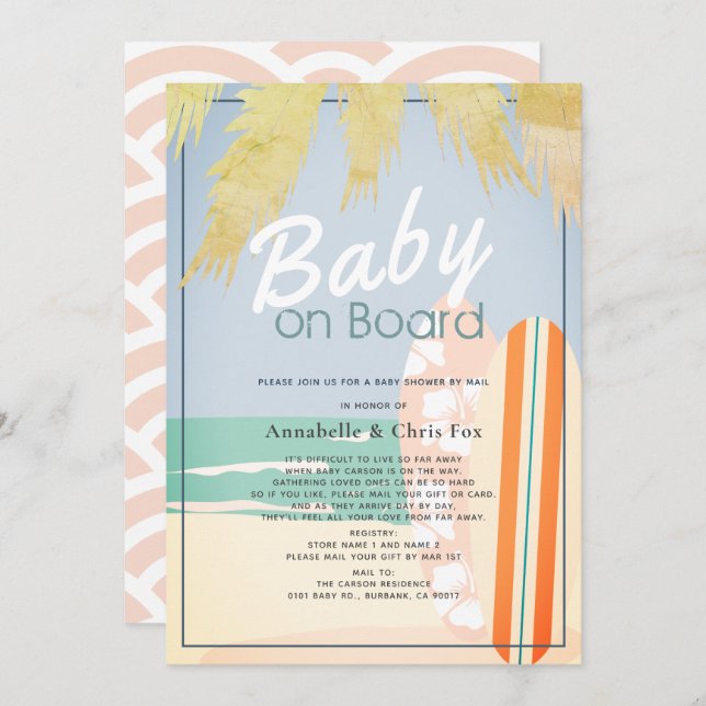 Baby on Board Beach Surf Girl Baby Shower by Mail Invitation (Front/Back)
