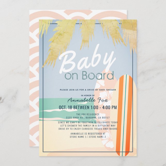Baby on Board Beach Surf Girl Drive-by Baby Shower Invitation (Front/Back)
