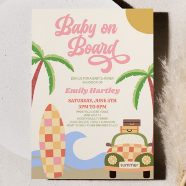 Baby On Board Beach Surf Pink Retro Baby Shower Invitation (Creator Uploaded)