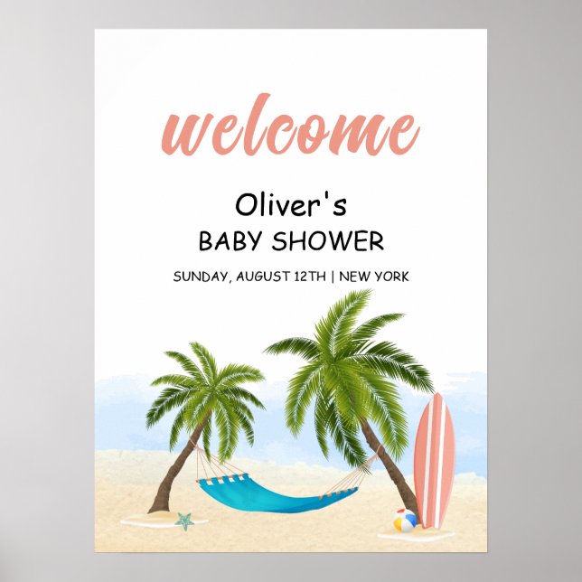 Baby On Board Beach Surfing Baby Shower Welcome Poster (Front)