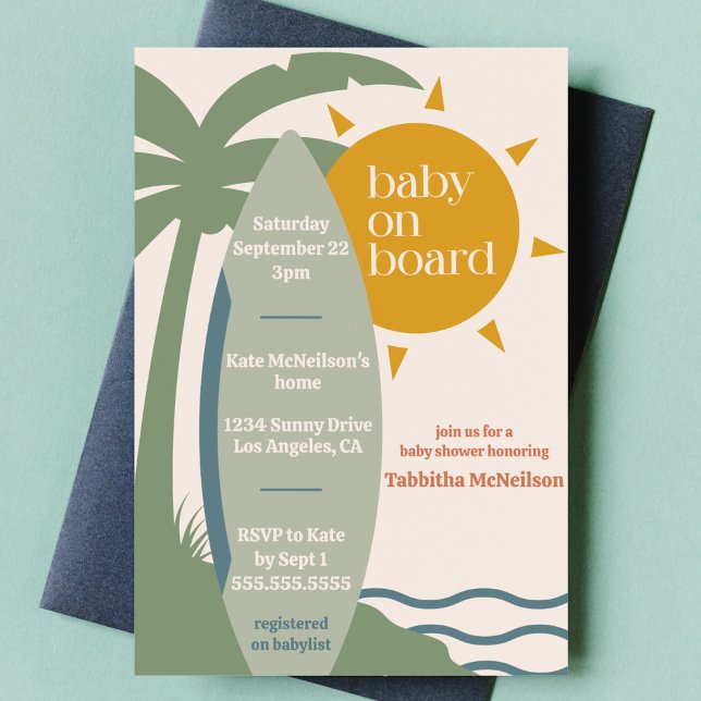 "Baby on Board" Beach Surfing Ocean Baby Shower Invitation ("baby on board" surfing ocean gender neutral baby shower nautical surfboard tropical invitation)