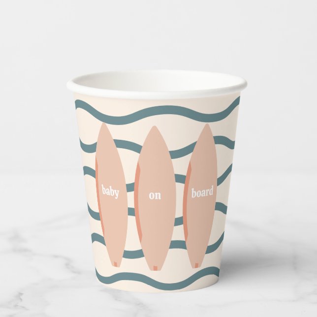"Baby on Board" Beach Surfing Ocean Baby Shower Paper Cups (Front)
