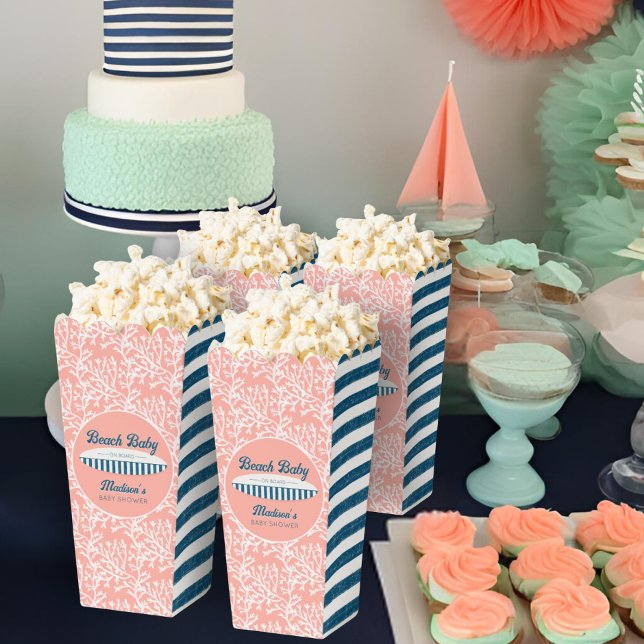 Baby on Board Coral & Stripes Baby Shower Popcorn Favour Box (Creator Uploaded)
