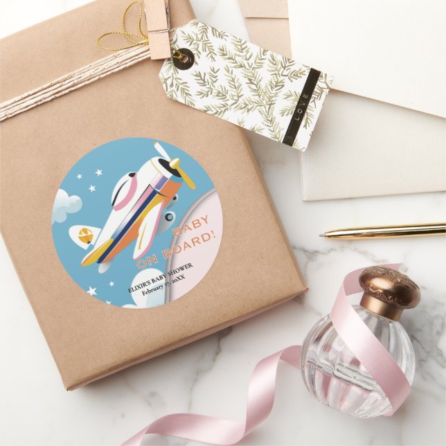 Baby on Board Modern Aviation Aeroplane Baby Showe Classic Round Sticker (Gifting)