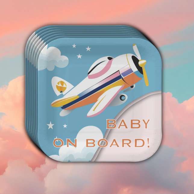 Baby on Board Modern Aviation Aeroplane Baby Showe Paper Plate (Creator Uploaded)