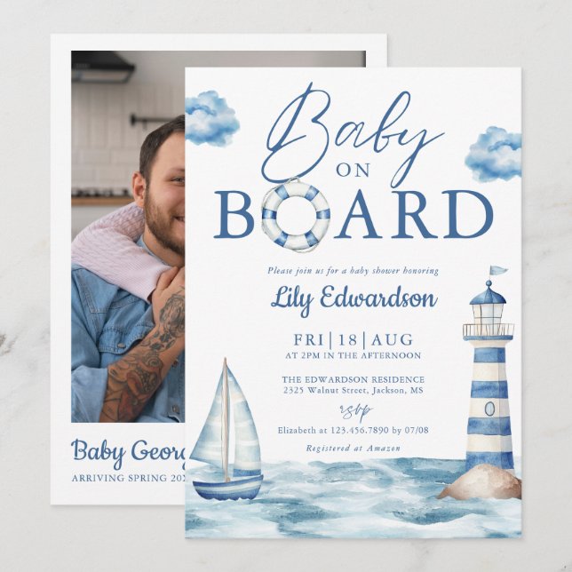 Baby On Board Nautical Shower Photo QR Code Invitation (Front/Back)