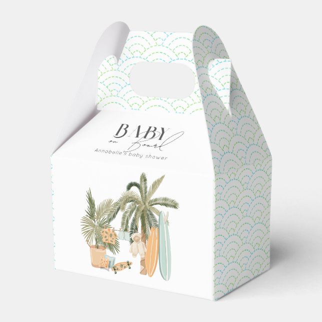 Baby on Board Palm Tree Surfboard Baby Shower Favour Box (Front Side)
