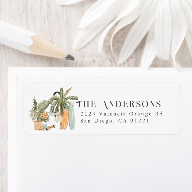 Baby on Board Palm Tree Surfboard Return Address Label (Insitu)