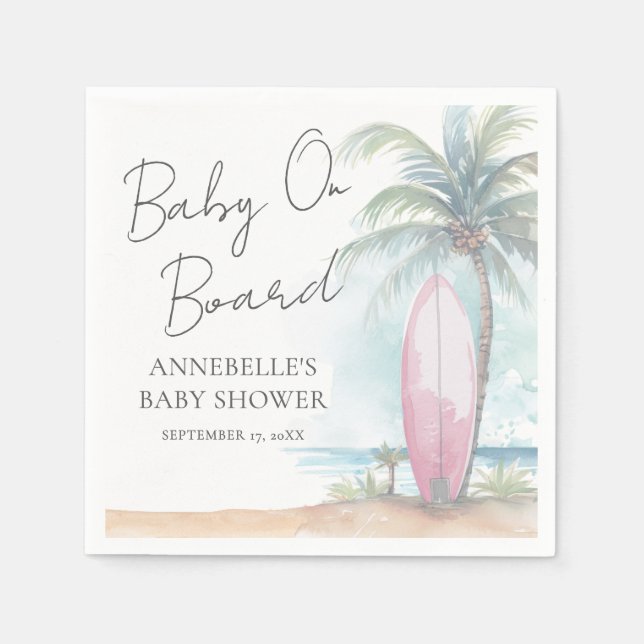 Baby On Board Pink Beach Baby Shower Napkin (Front)