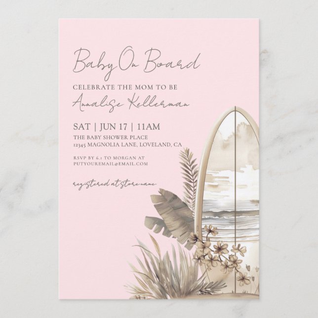 Baby On Board Pink Boho Beach Baby Shower Invitation (Front)
