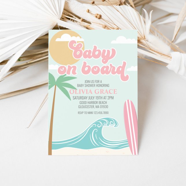 Baby on Board Pink Surf Beach Baby Shower Invitation (Creator Uploaded)