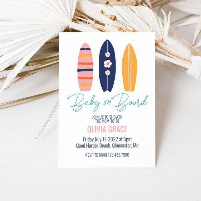Baby on Board Pink Surfboard Baby Shower Invitation (Creator Uploaded)