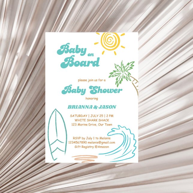 Baby on board retro doodle surfing baby shower invitation (Baby on board retro doodle sketch summer surfing baby shower invitation template instant download)