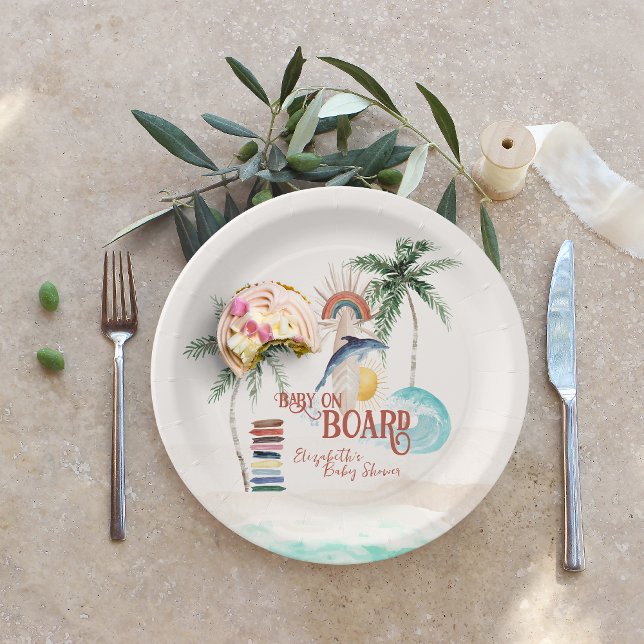 Baby on Board | Retro Summer Surf Baby Shower Paper Plate (Creator Uploaded)