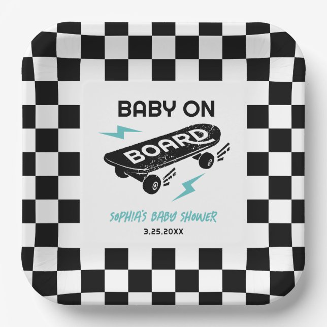 Baby on Board Skateboard Baby Shower Paper Plates (Front)