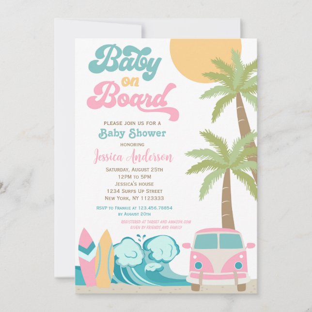 Baby on Board Surf Baby Shower Invitations Girl (Front)