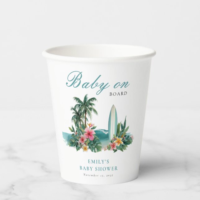 Baby On Board Surf Beach Baby Shower Paper Cups (Front)
