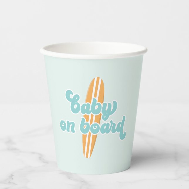 Baby on Board Surf Beach Baby Shower Paper Cups (Front)