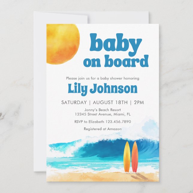 Baby on Board Surf Beach Baby Shower QR Code Invitation (Front)