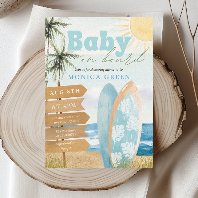 Baby on Board Surf Beach Coastal Cute Baby Shower Invitation (Baby on Board Surfing Surfboard Baby Shower Boy Pastel Colors Ocean Beach Coastal Aesthetic)
