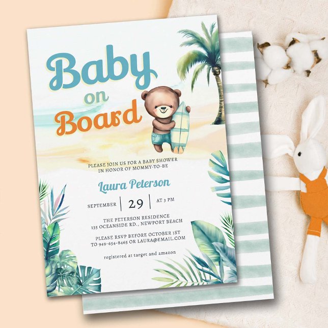 Baby on Board Surf Tropical Cute Boy Baby Shower Invitation (baby on board surf beach tropical paradise baby boy shower invitation cute watercolor illustration)