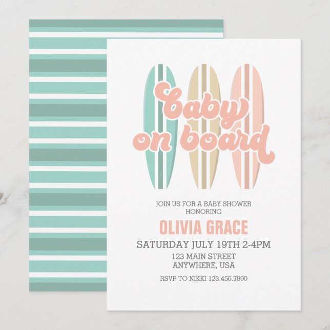 Baby on Board Surfboard Beach Baby Shower Invitation (Front/Back)